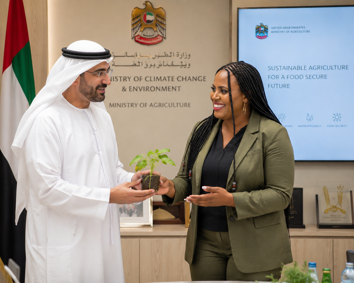 Dorothy Kamarunga at UAE Ministry of Climate Change & Environment exchanging a seedling